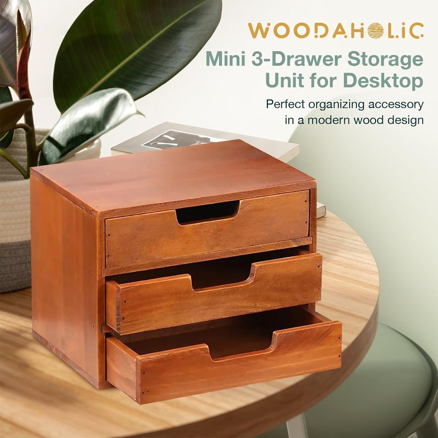 Triple Drawer Desktop Storage Organizer in Modern Wood Design-Countertop Organizer Drawer in Mahogany Wood