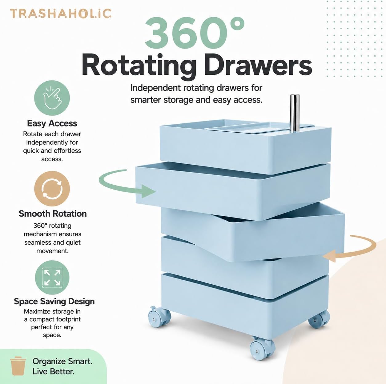 Mid-Century Modern 5-Drawer Rolling Utility Storage Cart with 360° Rotating Drawers & Locking Wheels - Light Blue