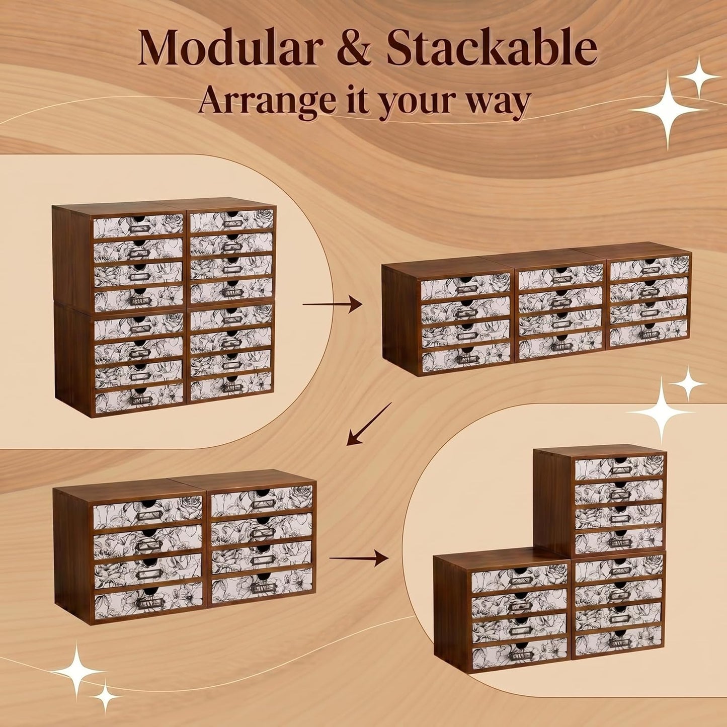 Black & White Floral 16-Drawer Wooden Organizer - Stackable Storage Cabinet with Label Holders for Stationery, Keepsakes, Sewing & Beauty Supplies