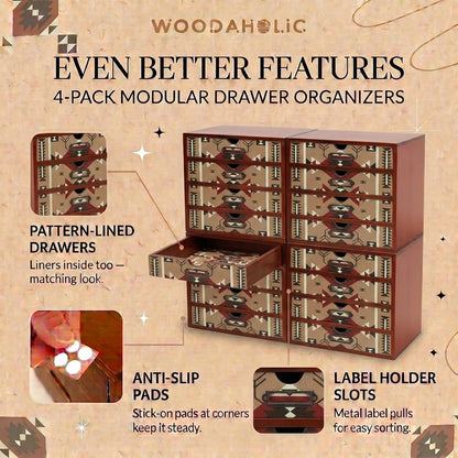 Southwestern Geometric 16-Drawer Wooden Organizer - Stackable Storage Cabinet with Label Pulls for Jewelry, Beads, Cables & Craft Supplies