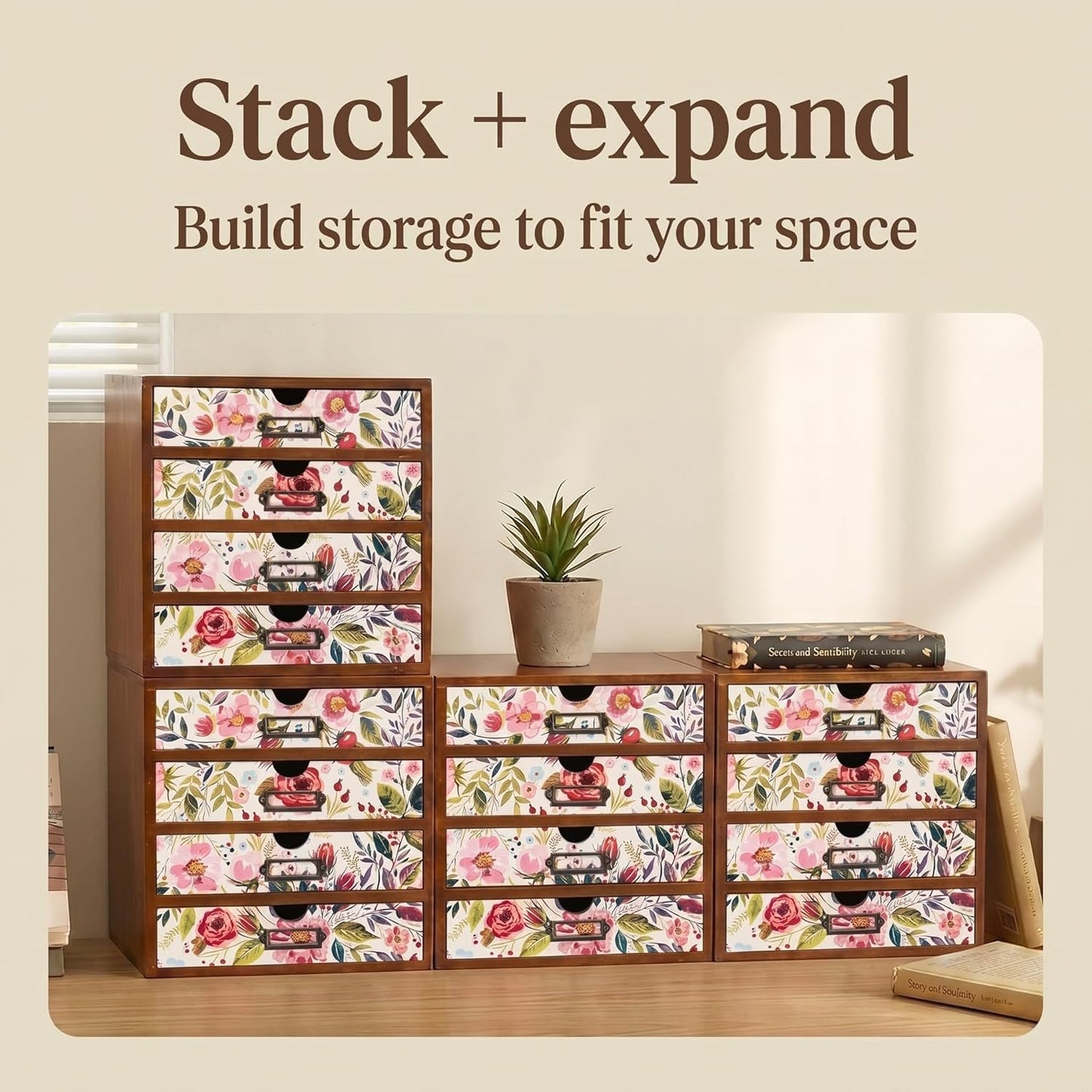 Floral 16-Drawer Wooden Organizer Set - Modular Stackable Desktop Storage Cabinet for Desk, Vanity, Kitchen, Crafts & Jewelry