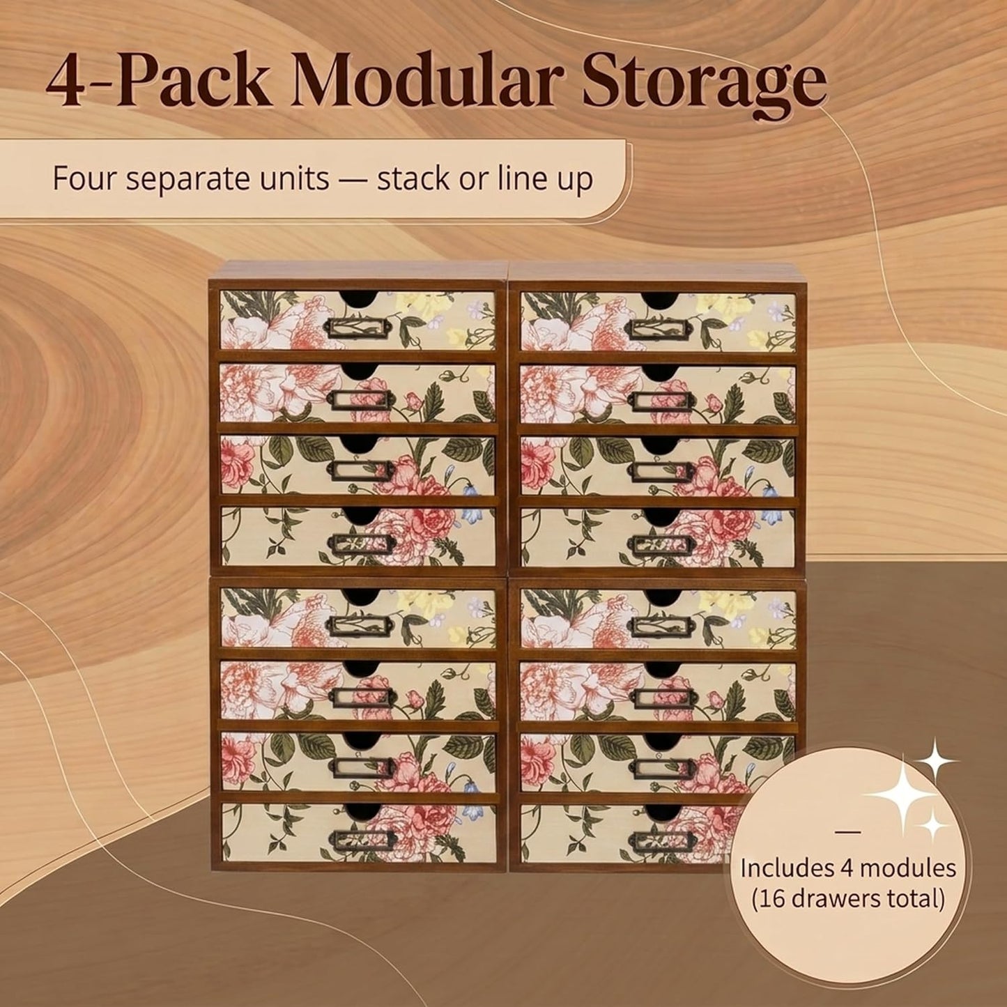 Victorian Floral 16-Drawer Wooden Organizer Set - Modular Stackable Desktop Storage Cabinet for Desk, Vanity