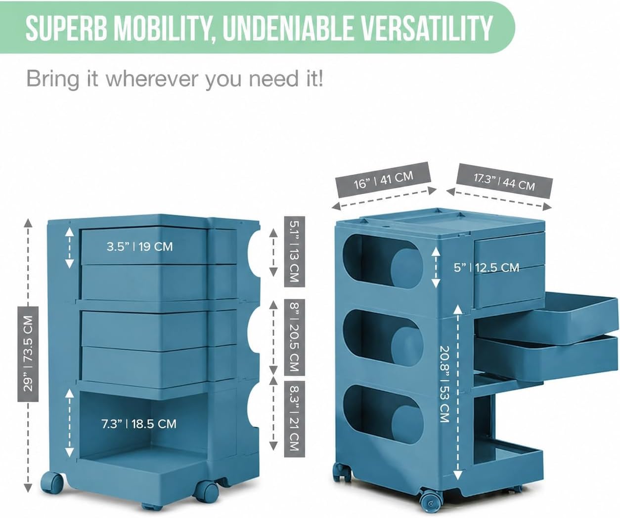 4-Drawer Rolling Storage Trolley with Open Shelves & Multi-Purpose Organizer - Ocean Blue