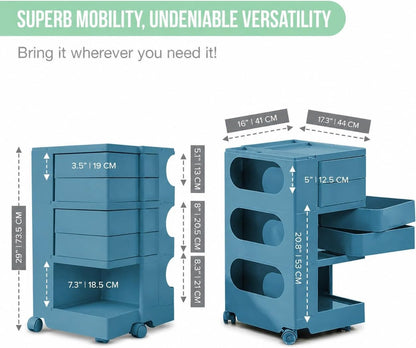 4-Drawer Rolling Storage Trolley with Open Shelves & Multi-Purpose Organizer - Ocean Blue