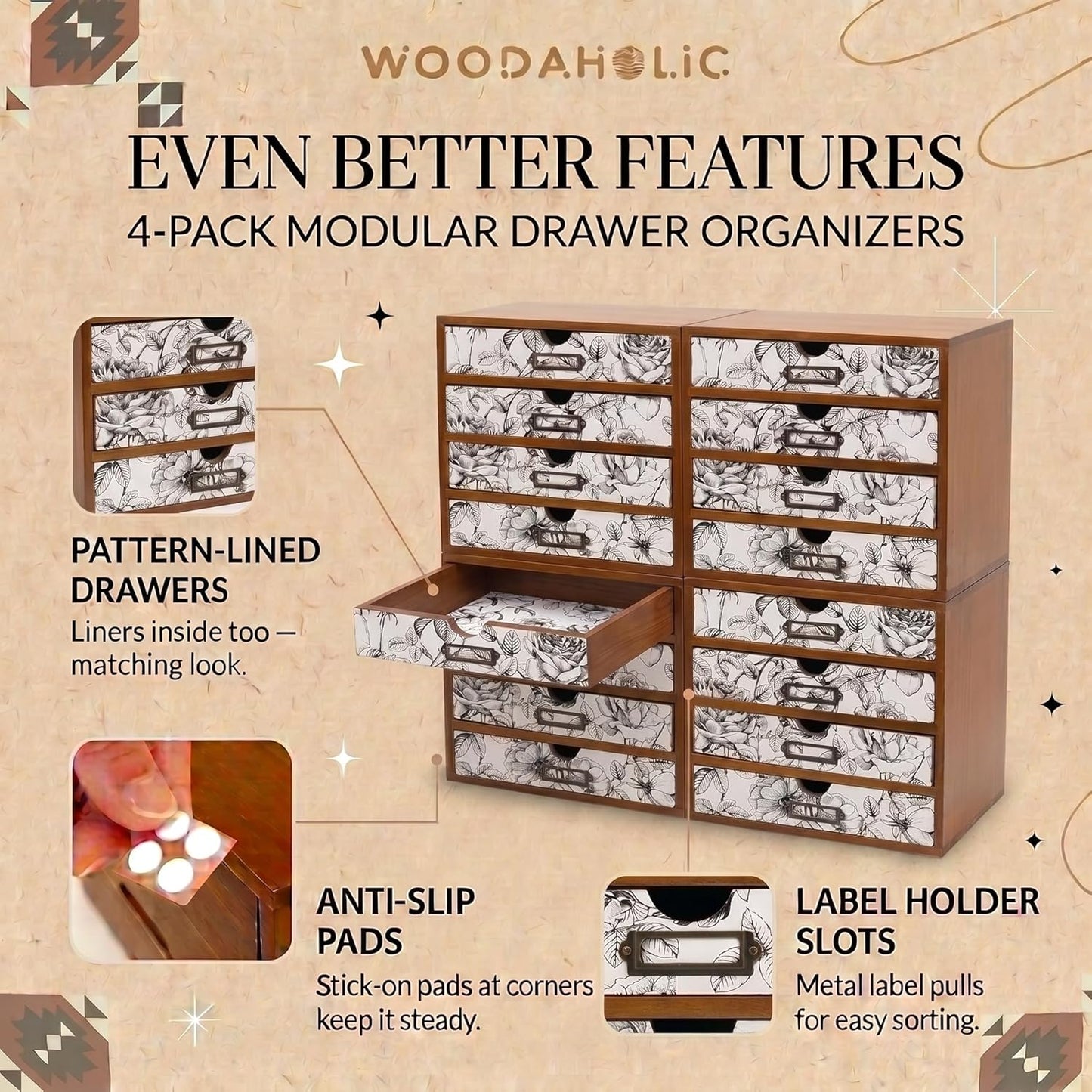 Black & White Floral 16-Drawer Wooden Organizer - Stackable Storage Cabinet with Label Holders for Stationery, Keepsakes, Sewing & Beauty Supplies