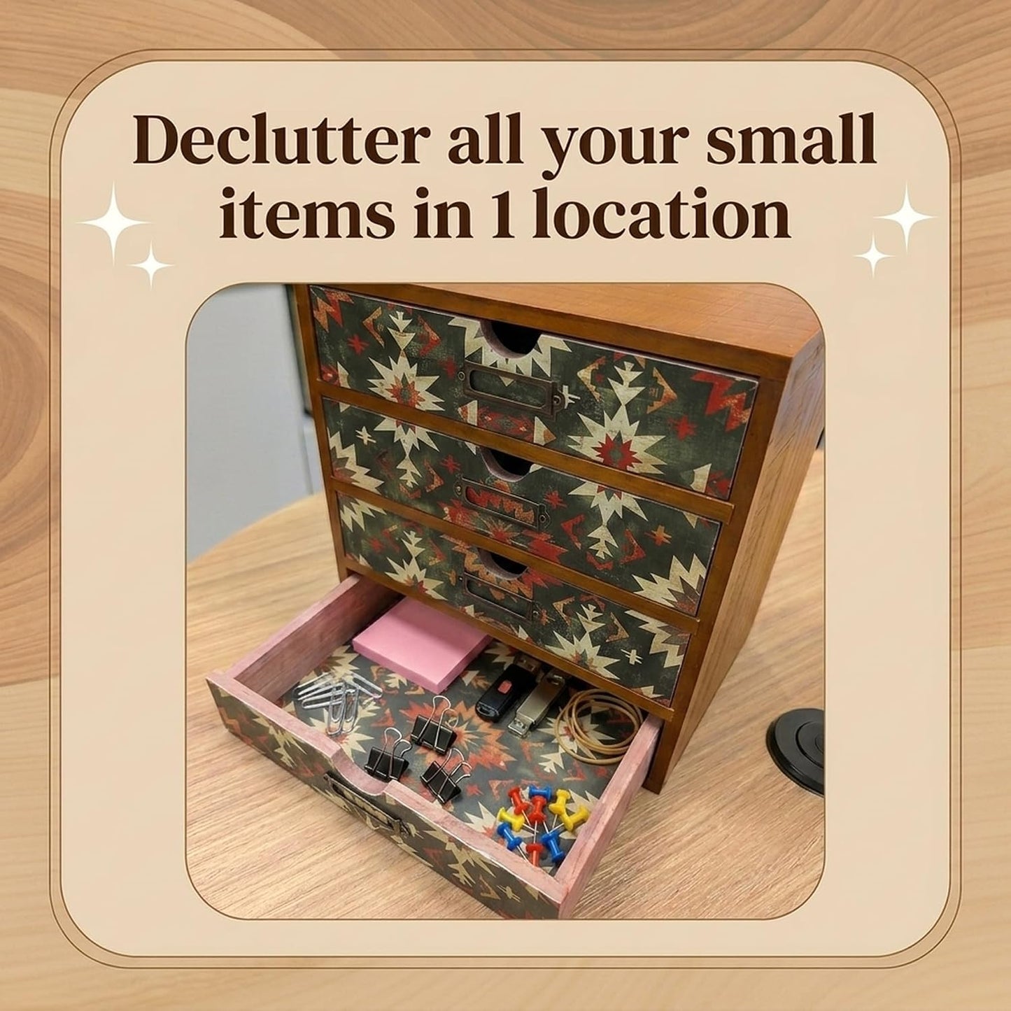 Boho Geometric 16-Drawer Wooden Organizer Set - Modular Stackable Desktop Storage Cabinet for Desk, Vanity, Kitchen, Crafts & Jewelry