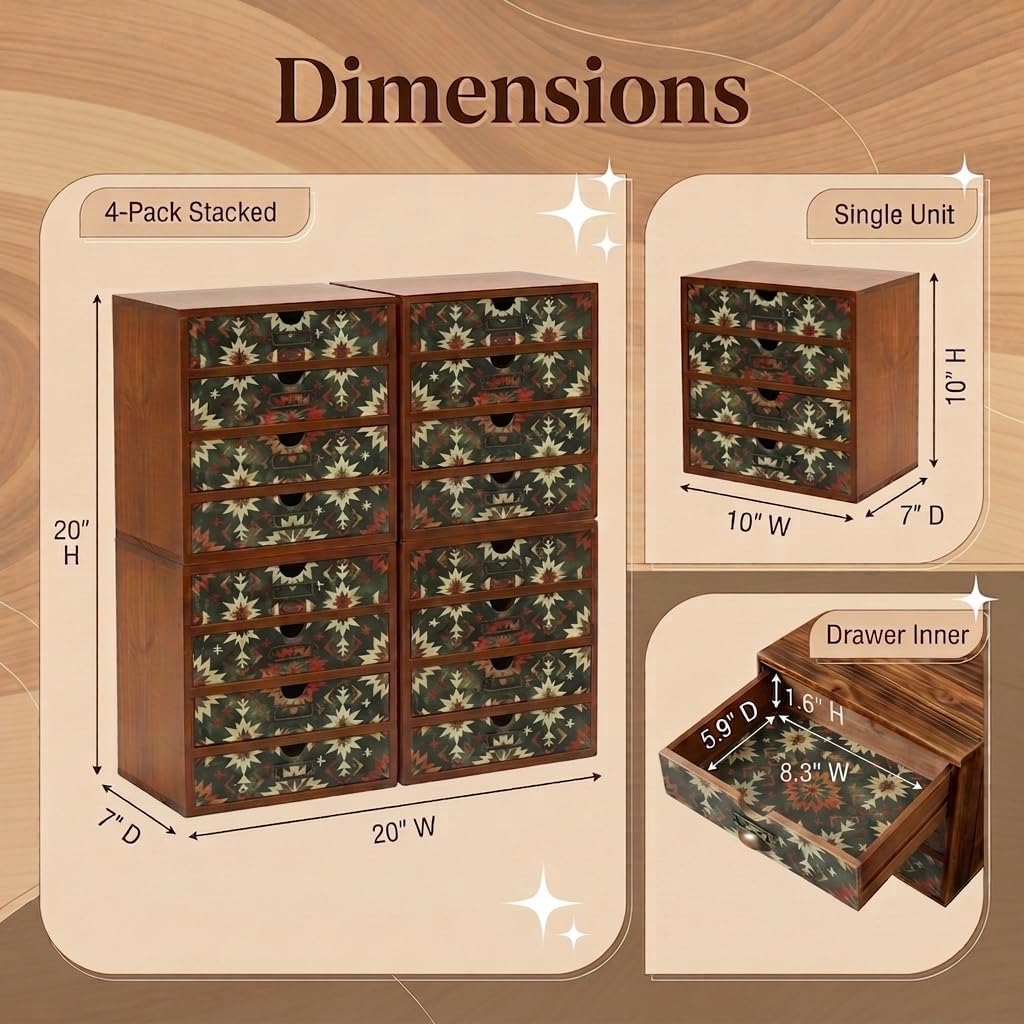 Boho Geometric 16-Drawer Wooden Organizer Set - Modular Stackable Desktop Storage Cabinet for Desk, Vanity, Kitchen, Crafts & Jewelry
