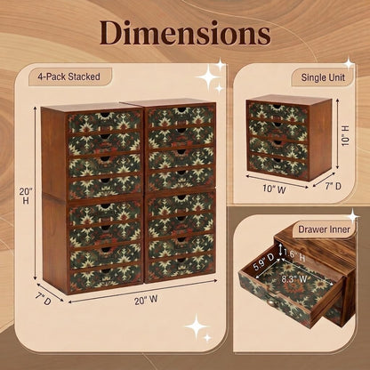 Boho Geometric 16-Drawer Wooden Organizer Set - Modular Stackable Desktop Storage Cabinet for Desk, Vanity, Kitchen, Crafts & Jewelry
