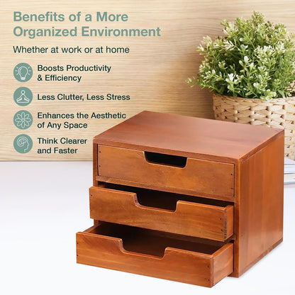 Triple Drawer Desktop Storage Organizer in Modern Wood Design-Countertop Organizer Drawer in Mahogany Wood