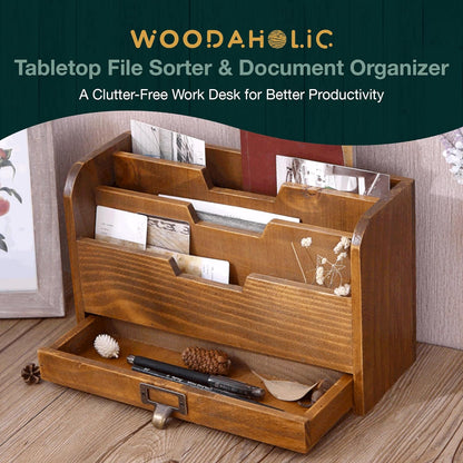 Wood Desktop File Organizer-Vertical Folder Sorter -3 Document Compartments & 1 Paper Tray Drawer