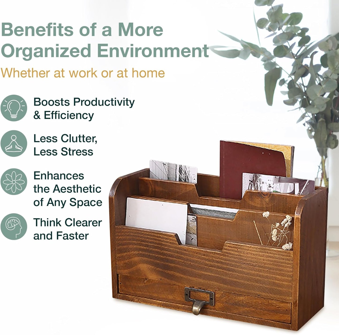 Wood Desktop File Organizer-Vertical Folder Sorter -3 Document Compartments & 1 Paper Tray Drawer