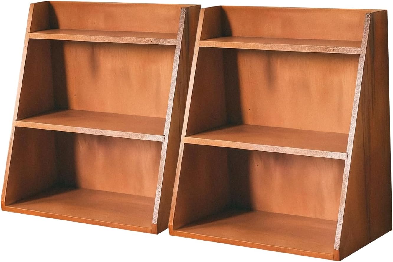 Vintage Wooden 3-Tier Desktop Shelf Organizer Set of 2 – Small Tabletop Display Shelves for Desk, Vanity, Counter, Cosmetics & Collectibles