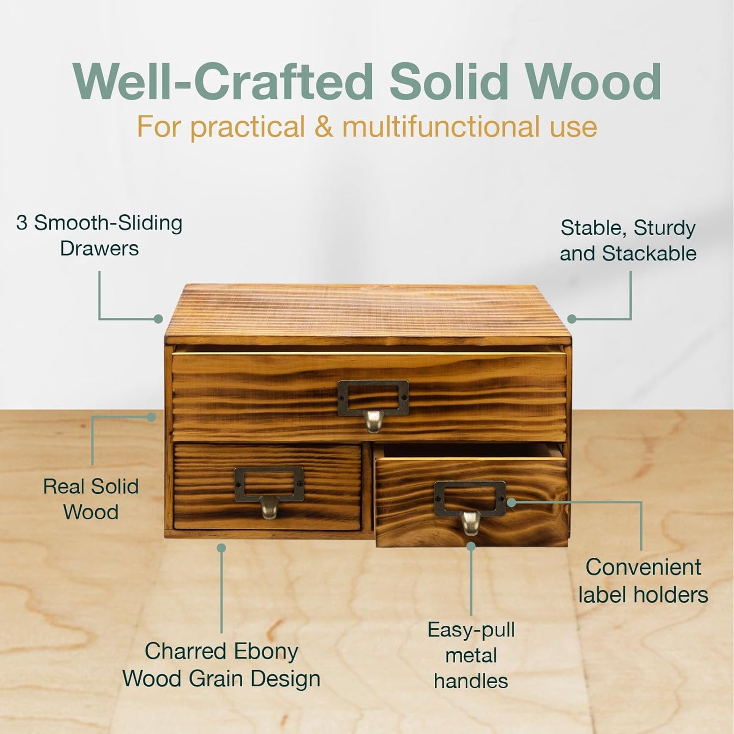 3-Drawer Charred Ebony Wood Desktop Cabinet - Classic Brown Desktop Chest Drawer Unit