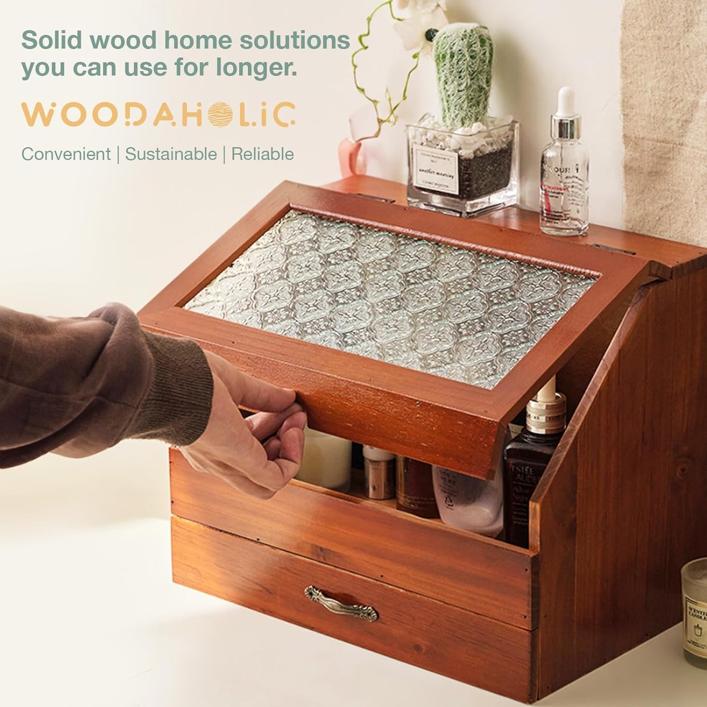 Chic Vintage 2-Tier Wooden Organizer: Etched Glass Display & Mahogany Storage Drawer