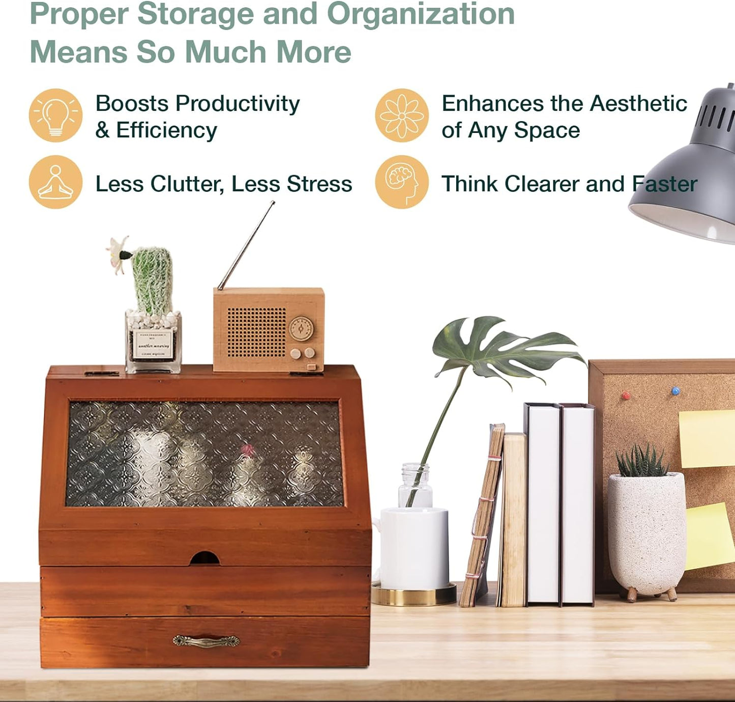 Chic Vintage 2-Tier Wooden Organizer: Etched Glass Display & Mahogany Storage Drawer