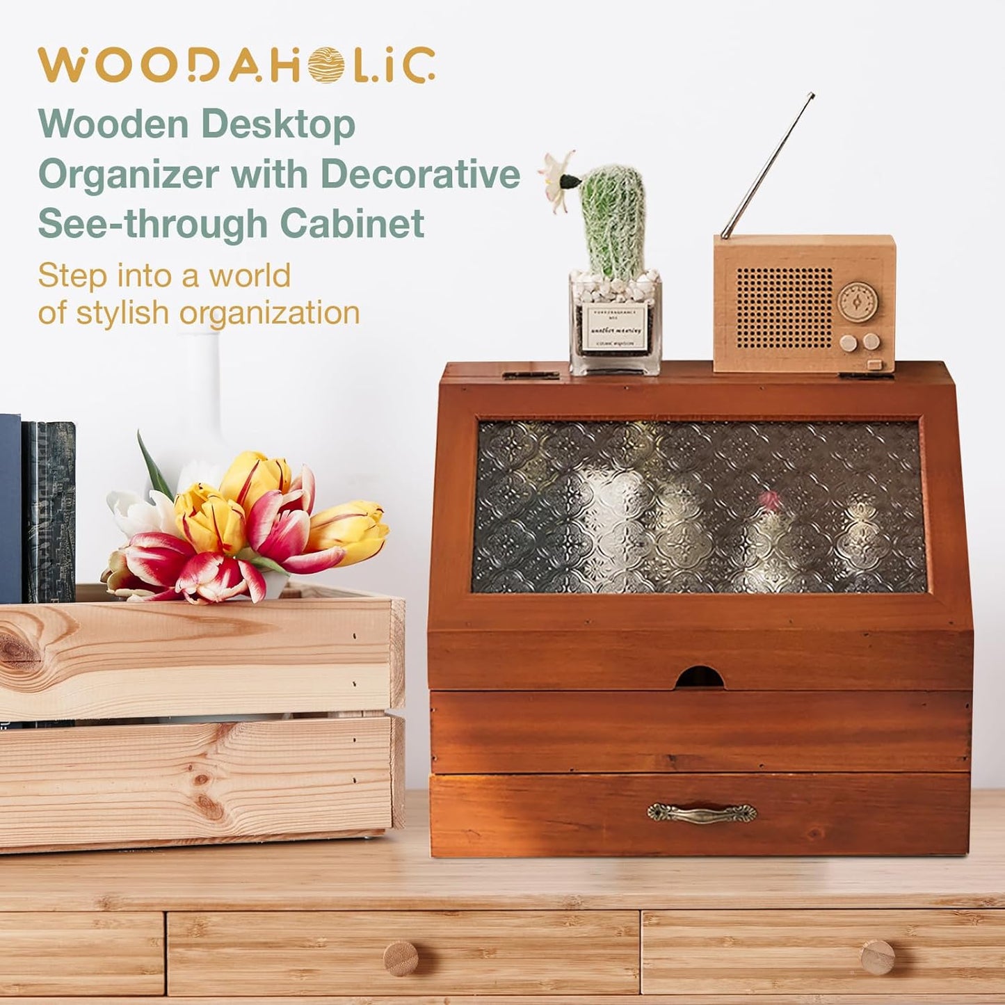 Chic Vintage 2-Tier Wooden Organizer: Etched Glass Display & Mahogany Storage Drawer