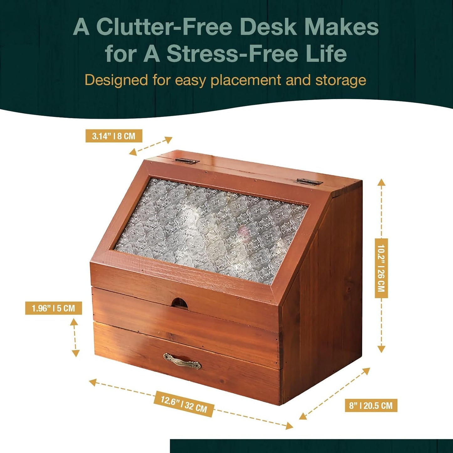 Chic Vintage 2-Tier Wooden Organizer: Etched Glass Display & Mahogany Storage Drawer
