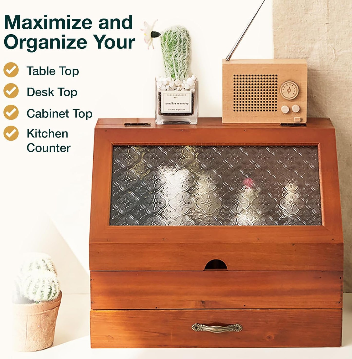 Chic Vintage 2-Tier Wooden Organizer: Etched Glass Display & Mahogany Storage Drawer