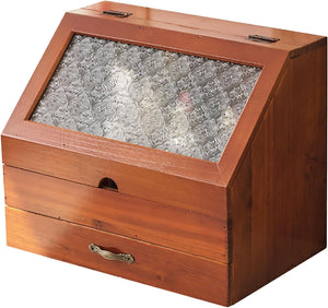Chic Vintage 2-Tier Wooden Organizer: Etched Glass Display & Mahogany Storage Drawer