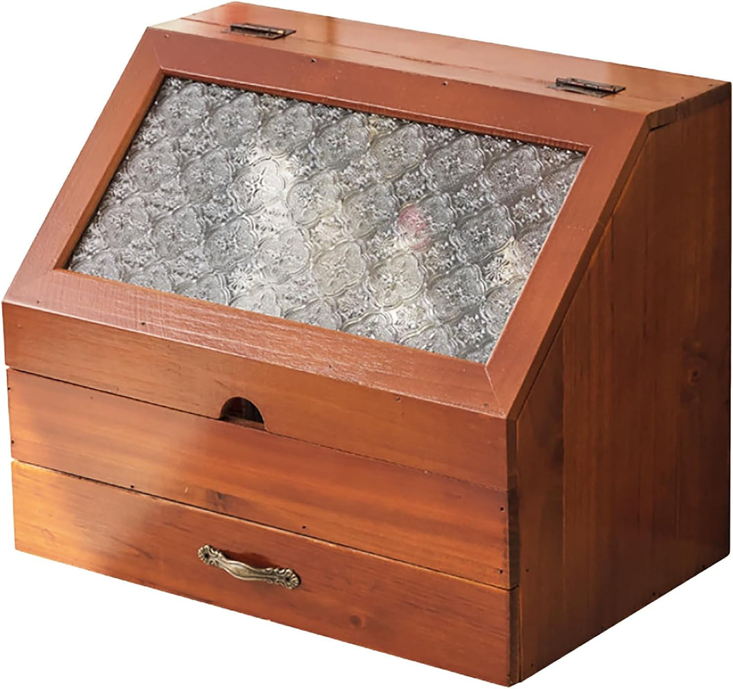 Chic Vintage 2-Tier Wooden Organizer: Etched Glass Display & Mahogany Storage Drawer