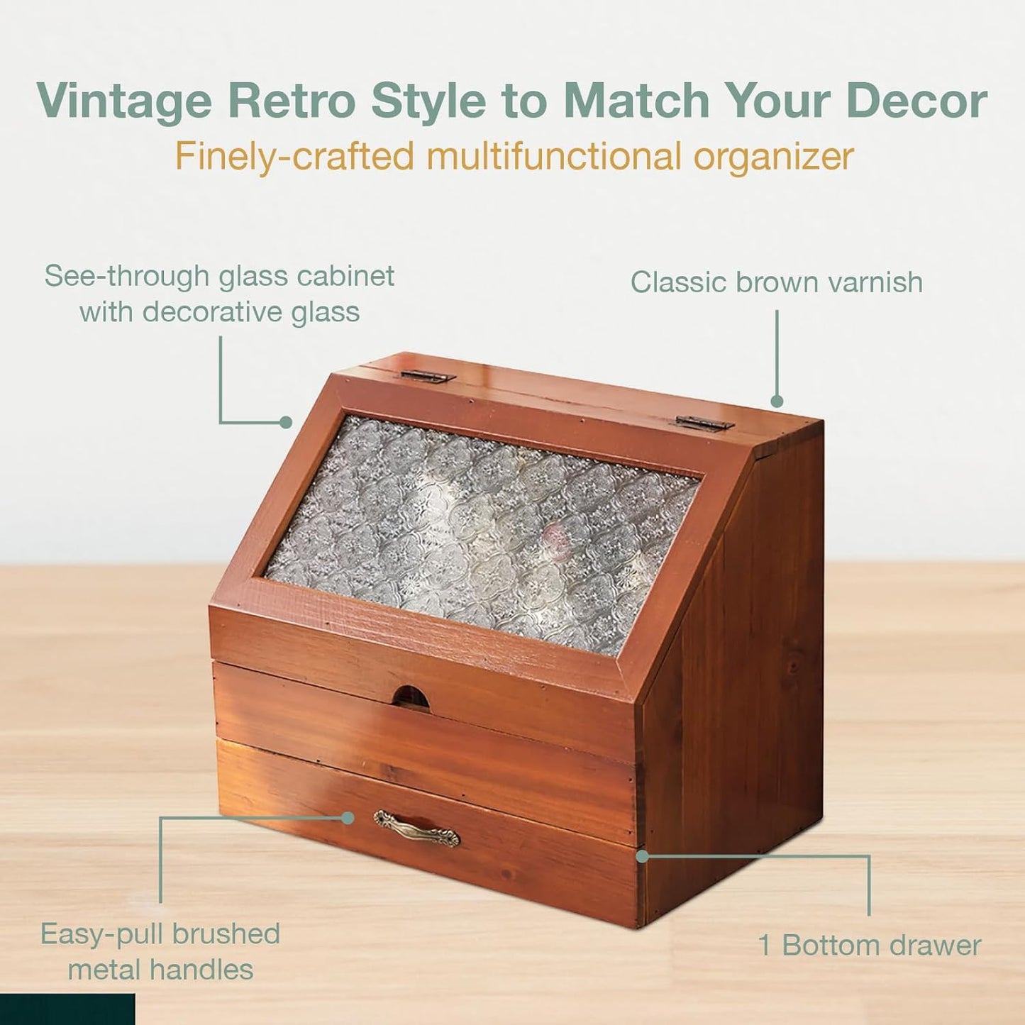 Chic Vintage 2-Tier Wooden Organizer: Etched Glass Display & Mahogany Storage Drawer