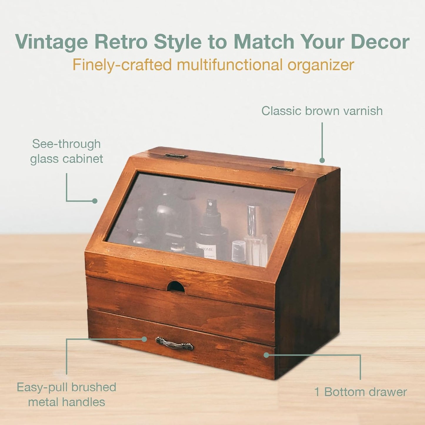 Mahogany 2-Tier Desktop Organizer with Glass Display - Elegant Wooden Storage Cabinet with Drawer
