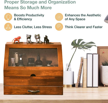 Mahogany 2-Tier Desktop Organizer with Glass Display - Elegant Wooden Storage Cabinet with Drawer