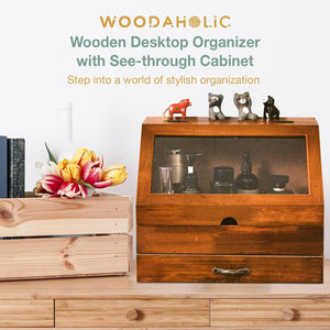 Mahogany 2-Tier Desktop Organizer with Glass Display - Elegant Wooden Storage Cabinet with Drawer