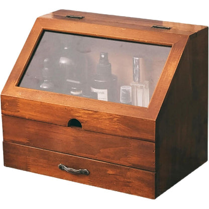 Mahogany 2-Tier Desktop Organizer with Glass Display - Elegant Wooden Storage Cabinet with Drawer