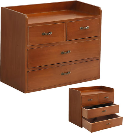 Vintage Wooden 4-Drawer Desk Organizer Cabinet | Small Desktop Storage Chest for Jewelry, Makeup, Office Supplies & Accessories