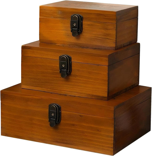 Vintage Wooden Storage Boxes Set of 3 with Hinged Lids & Latches – Decorative Keepsake, Jewelry, Letter & Desk Organizer Boxes for Home Decor