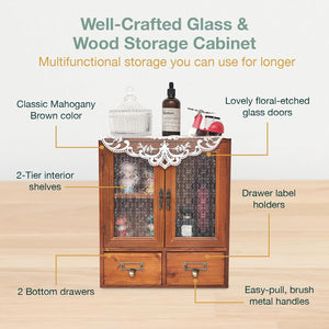 Charming Mahogany Wall Cabinet with Floral Glass Door and 2 Drawers - Rustic Elegance for Kitchen Storage
