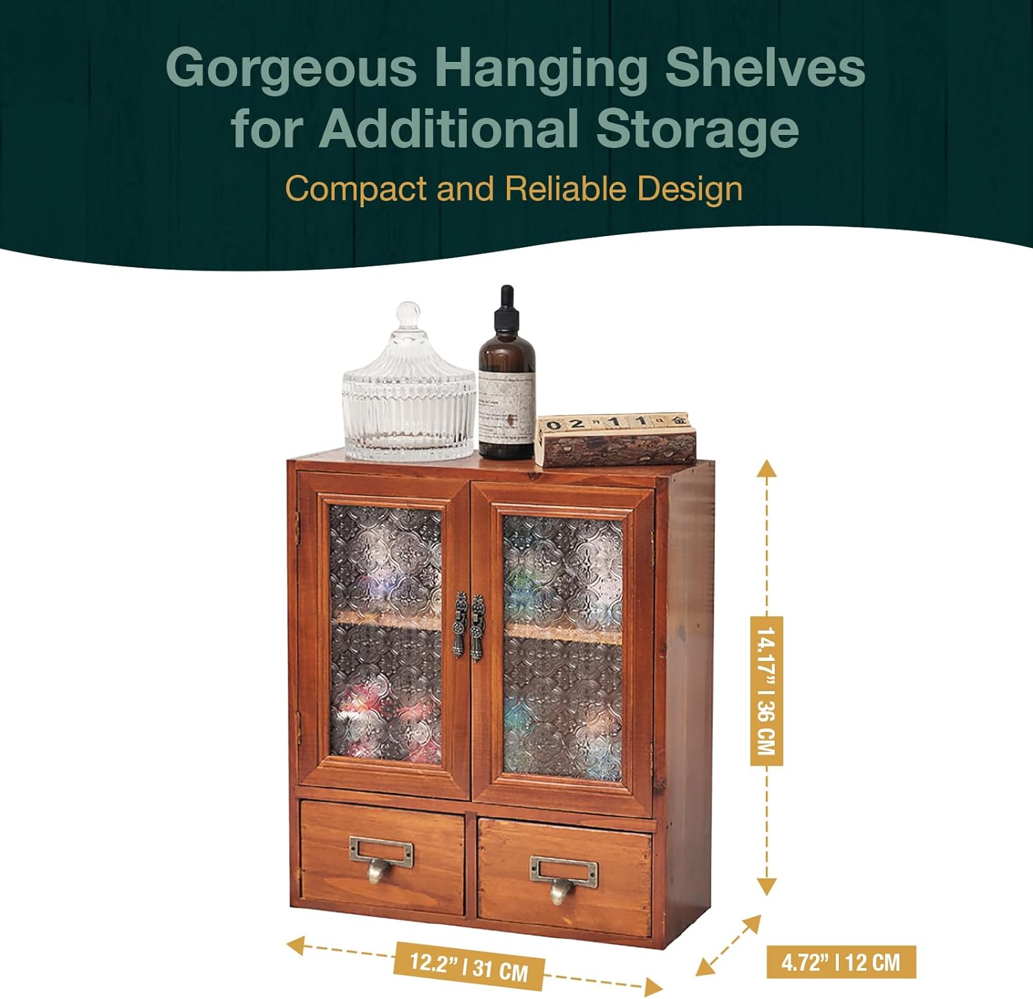 Load image into Gallery viewer, Charming Mahogany Wall Cabinet with Floral Glass Door and 2 Drawers - Rustic Elegance for Kitchen Storage