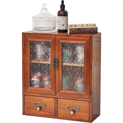 Charming Mahogany Wall Cabinet with Floral Glass Door and 2 Drawers - Rustic Elegance for Kitchen Storage