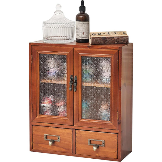 Charming Mahogany Wall Cabinet with Floral Glass Door and 2 Drawers - Rustic Elegance for Kitchen Storage