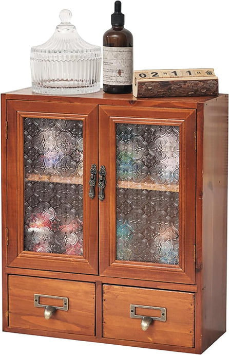 Charming Mahogany Wall Cabinet with Floral Glass Door and 2 Drawers - Rustic Elegance for Kitchen Storage