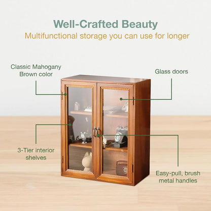 Rustic Mahogany Wall Cabinet: 12x14x5" Clear-Door Storage Display - Sleek 3-Tier Pantry with Metal Handles