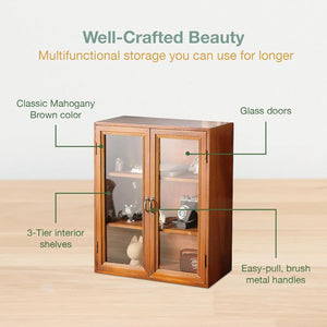 Rustic Mahogany Wall Cabinet: 12x14x5" Clear-Door Storage Display - Sleek 3-Tier Hanging Pantry with Metal Handles