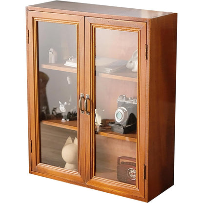 Rustic Mahogany Wall Cabinet: 12x14x5" Clear-Door Storage Display - Sleek 3-Tier Pantry with Metal Handles
