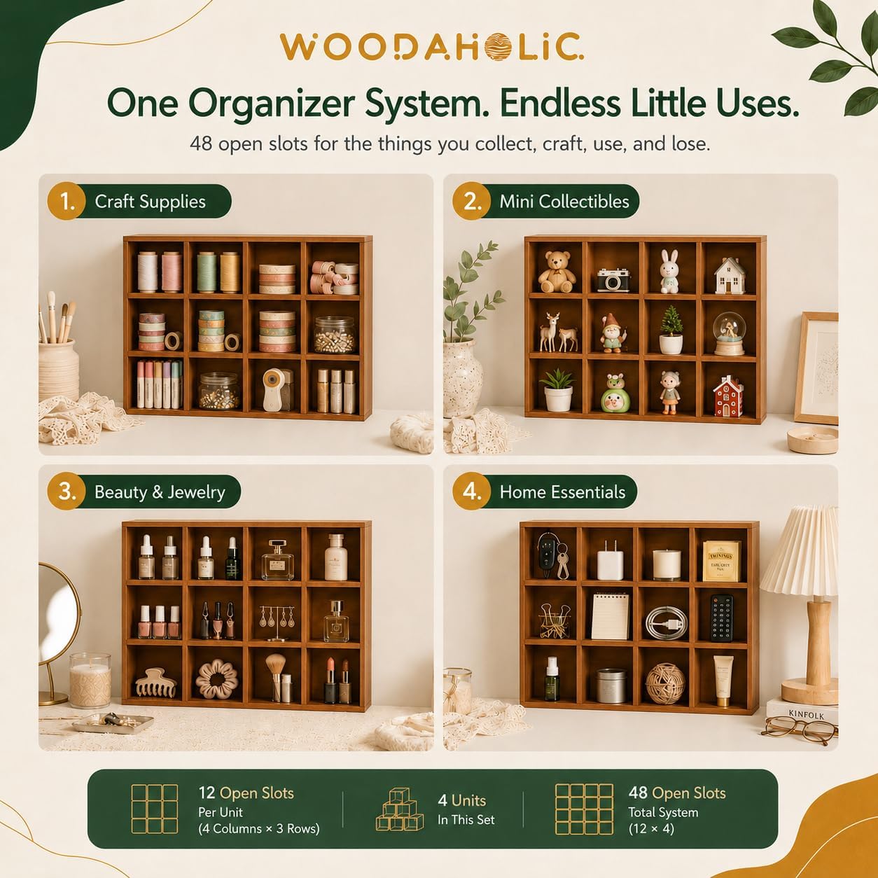48-Compartment Wooden Cubby Display Shelf Set - 4-Pack Stackable Curio Organizer for Mini Figures, Shot Glasses, Crystals & Collectibles