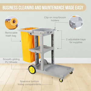 Janitorial Utility Cart - Multifunctional 3-Tier Cleaning Cart with 25-Gal Removable Trash Bag - Waste Management Trolley