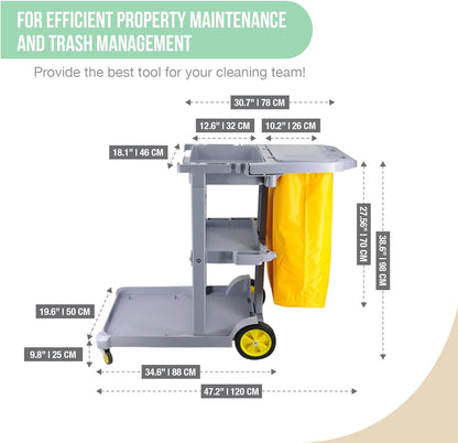 Janitorial Utility Cart - Multifunctional 3-Tier Cleaning Cart with 25-Gal Removable Trash Bag - Waste Management Trolley