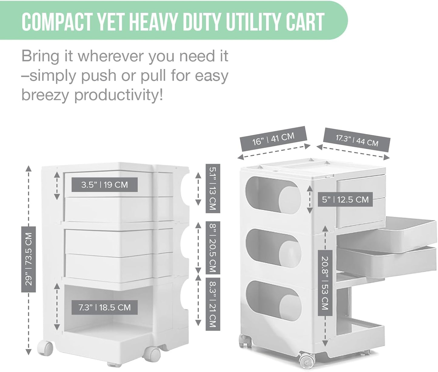 Multipurpose Utility Storage Cart - MCM Storage with Wheels and Slide Out Drawers - Professional Trolley Cart