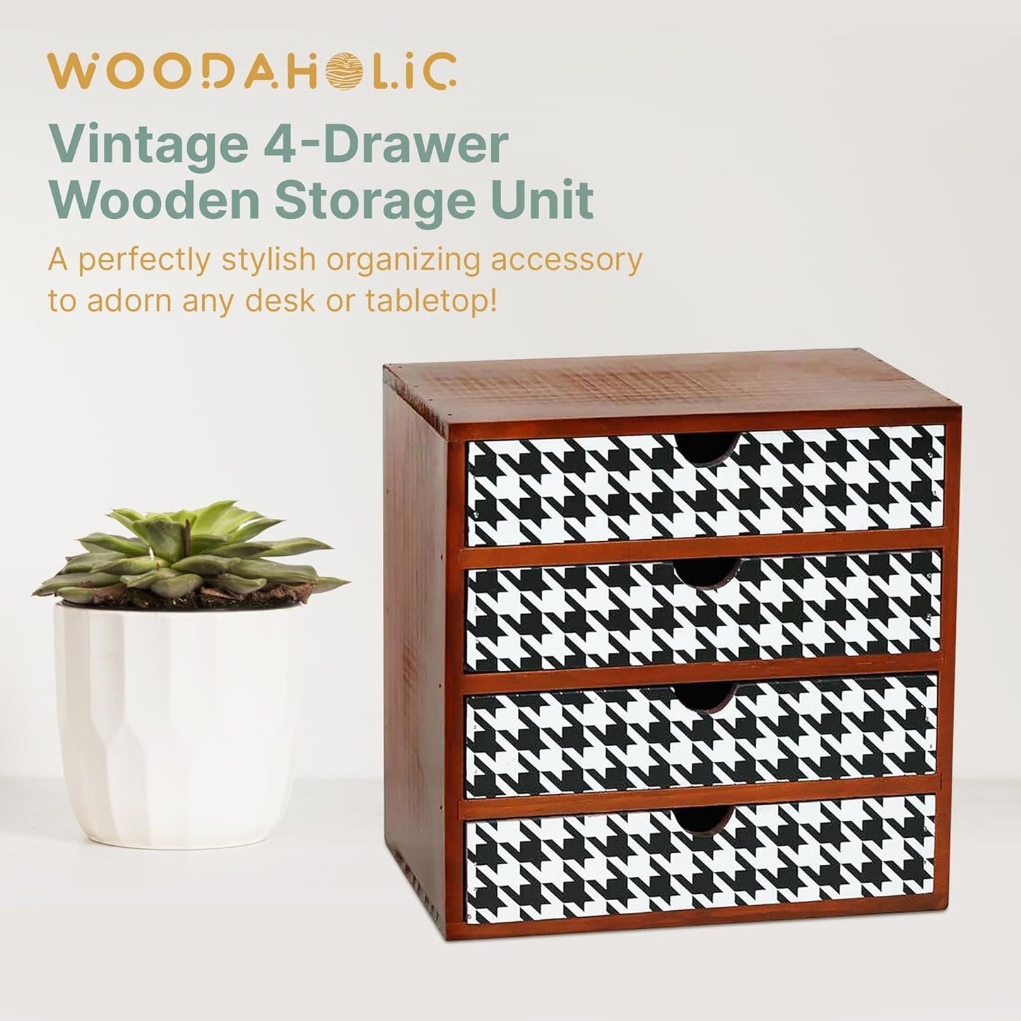 Houndstooth Pattern Wooden Desk Organizer - 4-Drawer Modern & Rustic Storage Cabinet for Office, Crafts, & Home Organization