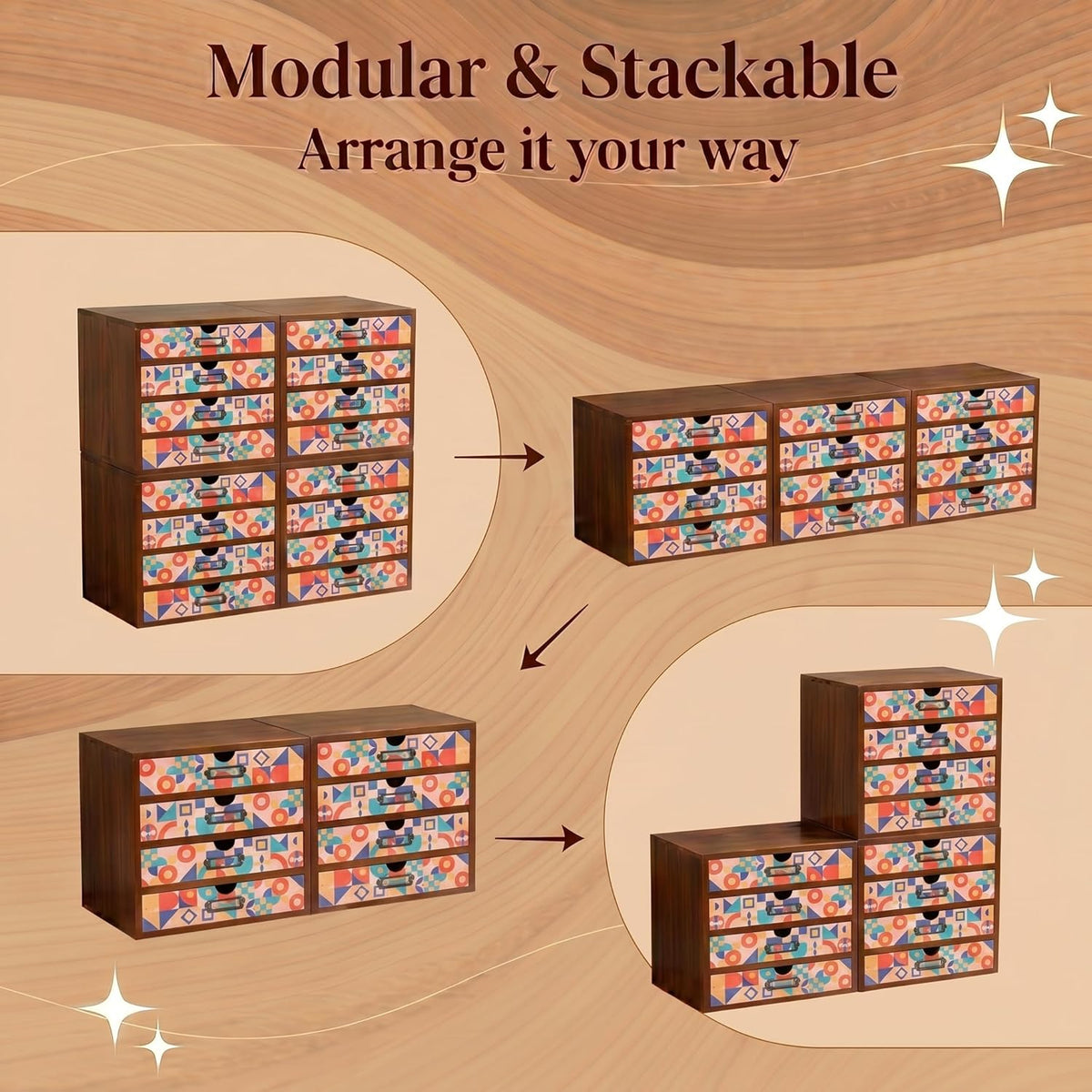 Colorful Mid-Century Modern 16-Drawer Organizer - Stackable Wooden Storage Cabinet with Label Holders for Makeup, Cables, Stationery & Accessories