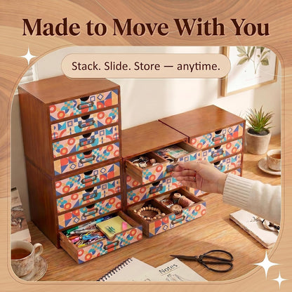 Colorful Mid-Century Modern 16-Drawer Organizer - Stackable Wooden Storage Cabinet with Label Holders for Makeup, Cables, Stationery & Accessories
