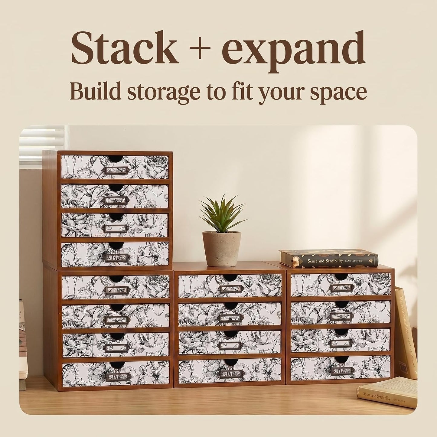 Black & White Floral 16-Drawer Wooden Organizer - Stackable Storage Cabinet with Label Holders for Stationery, Keepsakes, Sewing & Beauty Supplies