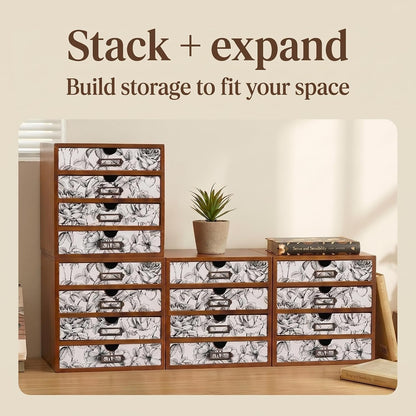 Black & White Floral 16-Drawer Wooden Organizer - Stackable Storage Cabinet with Label Holders for Stationery, Keepsakes, Sewing & Beauty Supplies