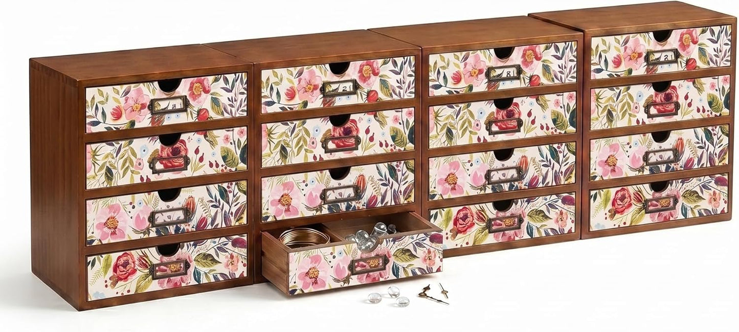 Floral 16-Drawer Wooden Organizer Set - Modular Stackable Desktop Storage Cabinet for Desk, Vanity, Kitchen, Crafts & Jewelry