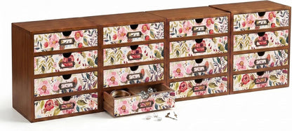 Floral 16-Drawer Wooden Organizer Set - Modular Stackable Desktop Storage Cabinet for Desk, Vanity, Kitchen, Crafts & Jewelry